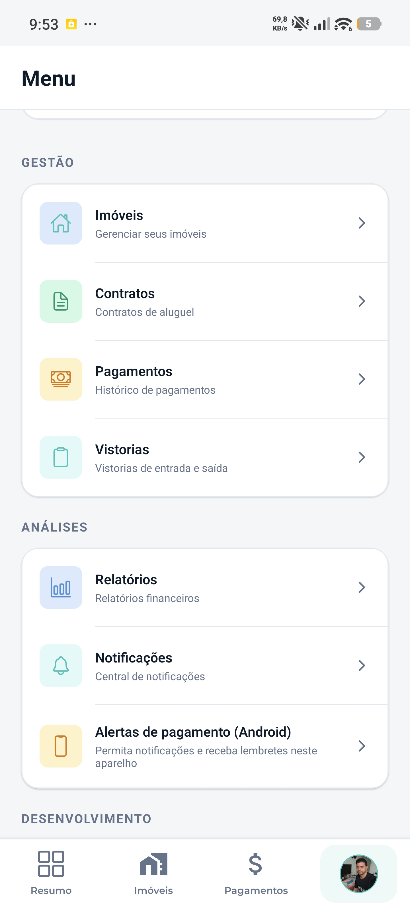 Tela Menu do app RENT